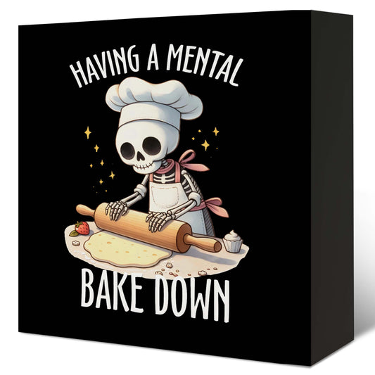 LUKIPOM Funny Kitchen Signs,Gifts for Bakers, Black Having a Mental Bake Down Skeleton Funny Baking Wood Sign for Home Kitchen Bakery Desk Shelf Table Decor，5x5 Inch