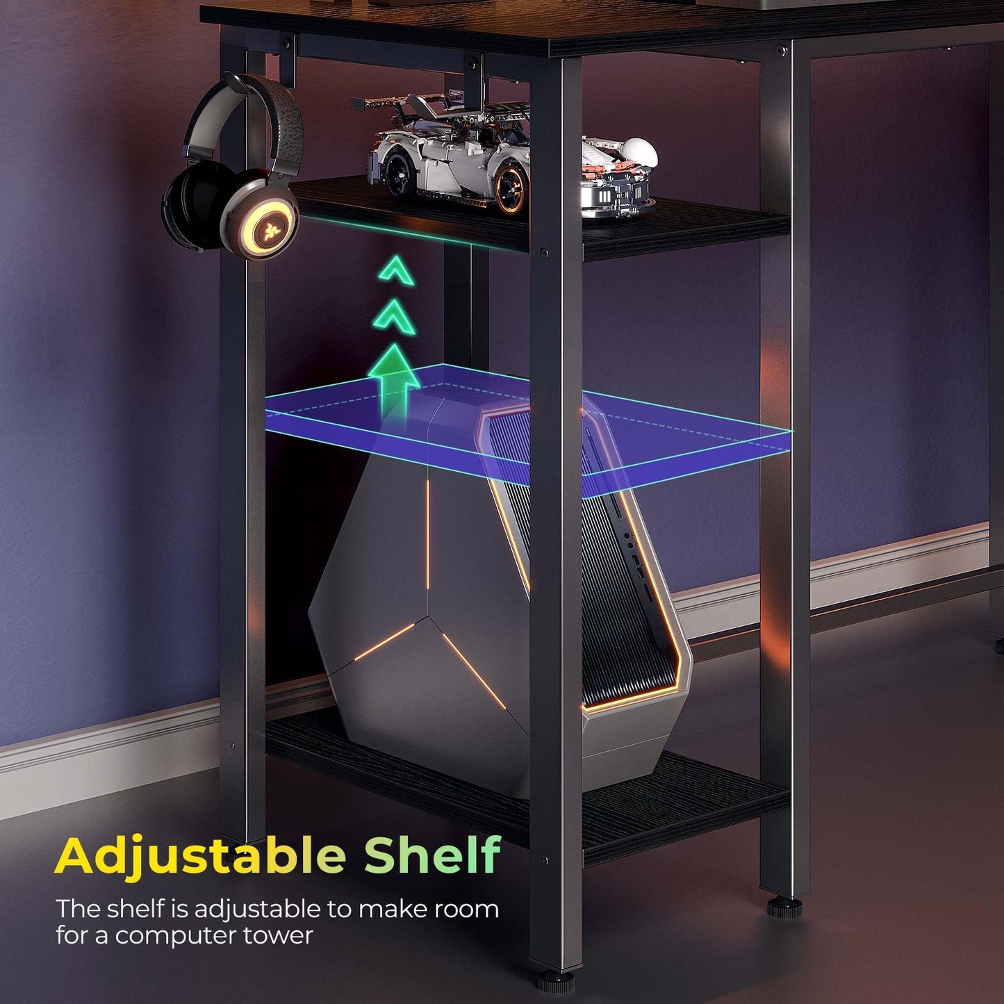 Rolanstar L Shaped Gaming Desk with LED Lights & Power Outlets, 53" Computer Desk with Full Monitor Stand & Storage Shelf, Corner Desk with Hooks, Black Desk Reversible