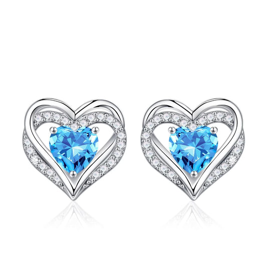 Iefil Earrings for Women, 925 Sterling Silver March Birthstone Blue Aquamarine Heart Stud Earrings for Women