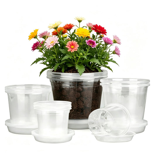 Frukwoc 4/5/6/7 Inch Clear Nursery Pots 20 Pack, Assorted Size Plastic Plant Pots with Drainage Holes, Transparent Flower Pots for Indoor Outdoor Seedlings Gardening (4+5+6+7 Inch)