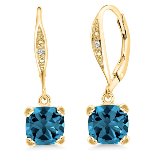 Gem Stone King Drop Dangle Earrings For Women | 7MM Cushion Cut Gemstone Birthstone and Diamond | 925 Sterling Silver | Jewelry Gift for Mom Wife Her | London Blue Topaz-November | Yellow Gold
