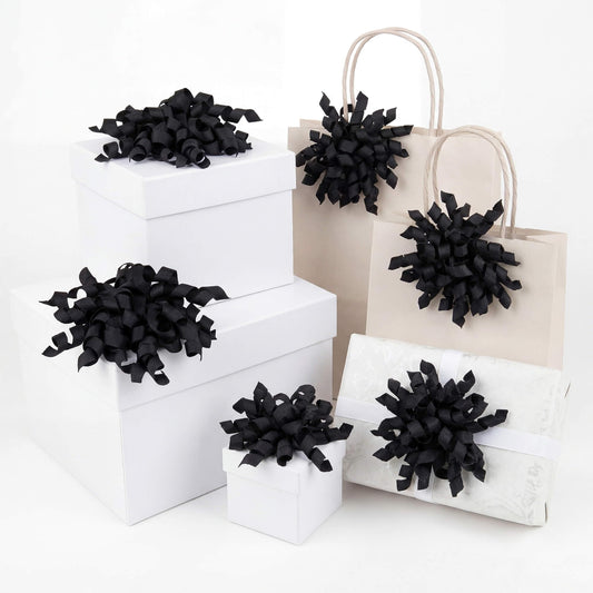YKW Classic Black Curly Gift Bows for Wrapping - 6 Pack Large 4" Self Adhesive Grosgrain Ribbon Bows for Elegant Presents, Graduation, Birthday & Formal Gift Decorations