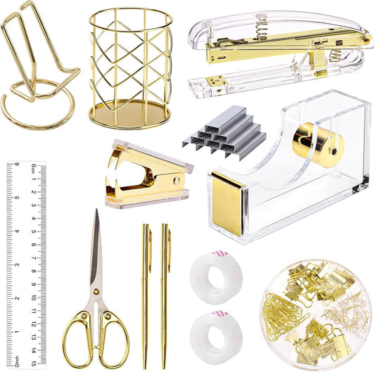 suniya Office Supplies,Gold Desk Accessories,with Stapler,Tape Dispenser,Pen Holder,Scissors,Phone Stand,Staple Remover,Ballpoint Pen,Clear Tape, Staples,Ruler,Clips,Best Gift for Business or Boss