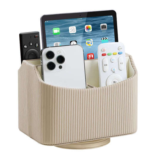 NICLNGSH PU Leather Remote Control Holder, 360 Degree Rotating Desk Organizer Storage Table Remote Caddy, Spinning Bedside Organizer Nightstand Organizer for Desktop Office Home (Beige)