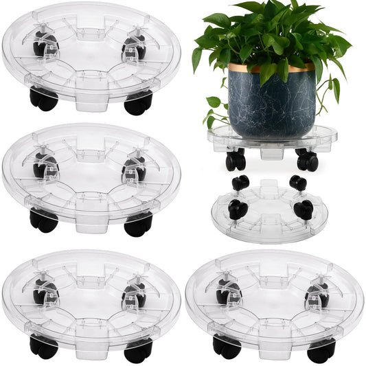 KvyusFlourish 4 Packs 13 Inches Large Clear Plant Caddy Plant Saucers on Wheels Rolling Plant Stands Heavy-duty Plant Dolly Plastic Planter Roller Base Pot Movers Outdoor Plant Tray Coaster