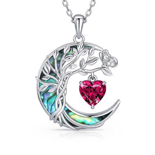 Distance Tree of Life Birthstone Necklace for Women, S925 Sterling Silver Premium Abalone Shell Moon Pendant July Heart Birthstone Necklace, Ruby Jewelry Christmas Birthday Gifts for Her Mom Wife