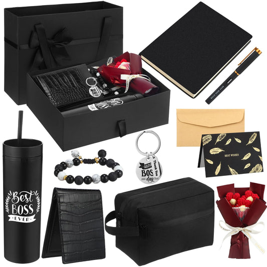 Sunnymove 10 Pcs Best Boss Gifts Set for Men, Bosses Birthday Appreciation Thank You Office Gift Set with Tumbler Wallet Bracelets Keychain for Manager Leader(Cool)