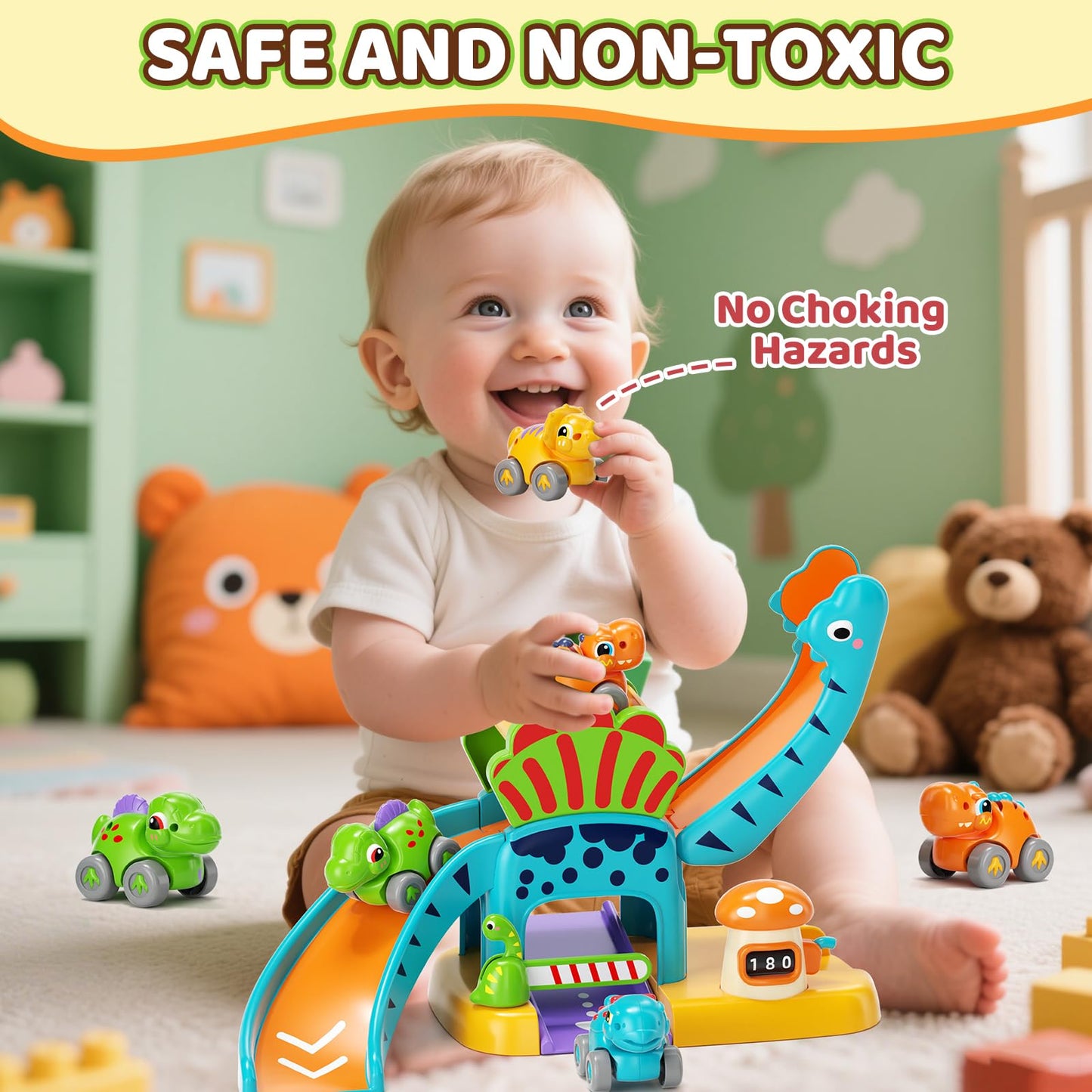 Lehoo Castle Toys for 1 Year Old Boys, Dinosaur Slide with 4 Mini Push Cars for Baby 12-18 Months, Infant Play Vehicle Set, Educational Learning First 1st Birthday Gifts for Kids, Girls, Toddlers 1-3