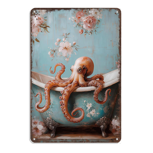 Vintage Funny Octopus In Bathtub Metal Tin Sign - Octopus Bathroom Decor & Funny Restroom Signs, Aluminum Poster Plaque For Bathroom Toilet Home - 8x12 Inch