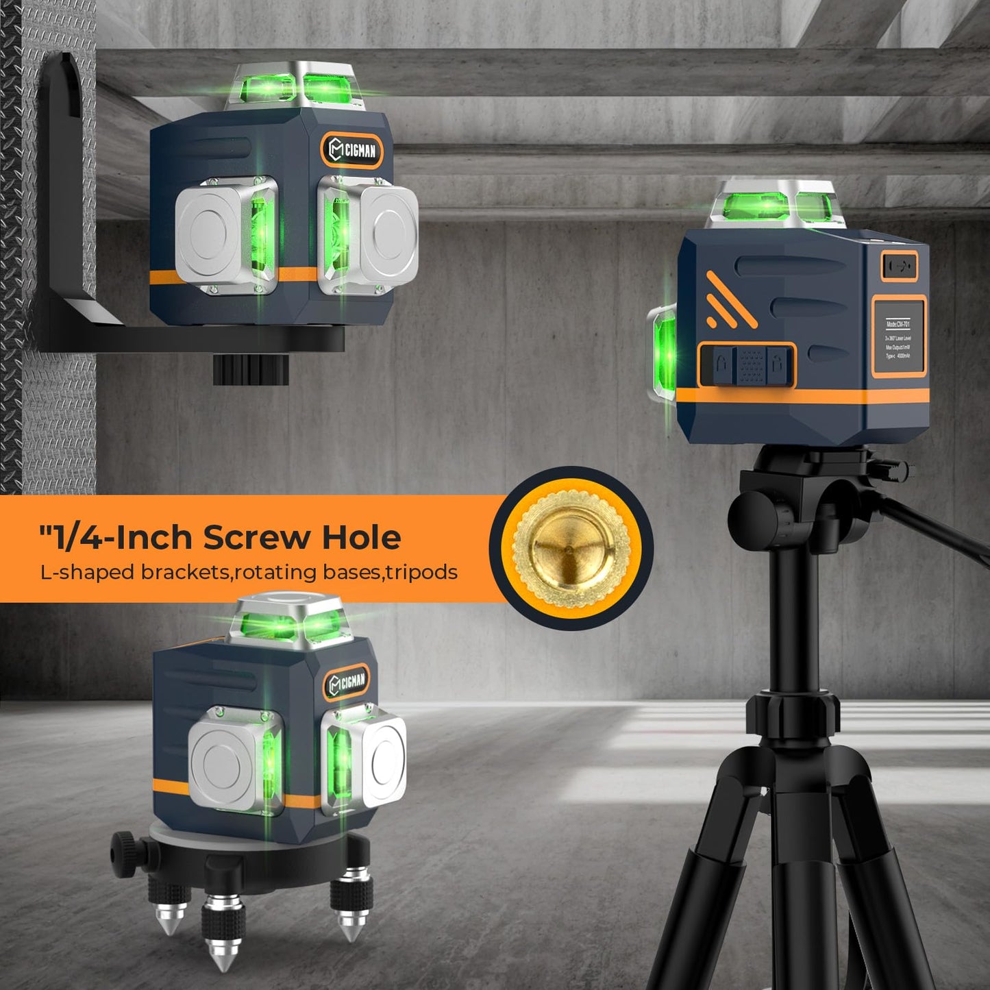 CIGMAN 3D Laser Level with Tripod,Remote Control,Compact Design,4000mAh Battery,Rotary Base,3x360°Self-Leveling Green Laser Leveler for Picture Hanging and DIY Projects
