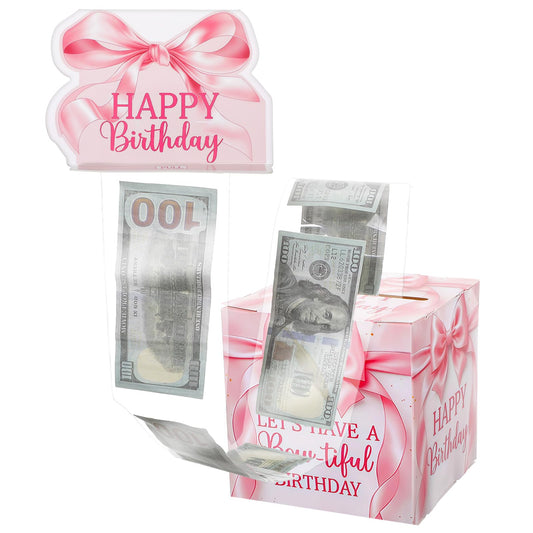 Ajcotahm Birthday Money Pull Box, Pink Bow Birthday Money Gift Box for Cash Birthday Surprise Boxes with 50 Transparent Bags Birthday Party Decorations for Women Girls