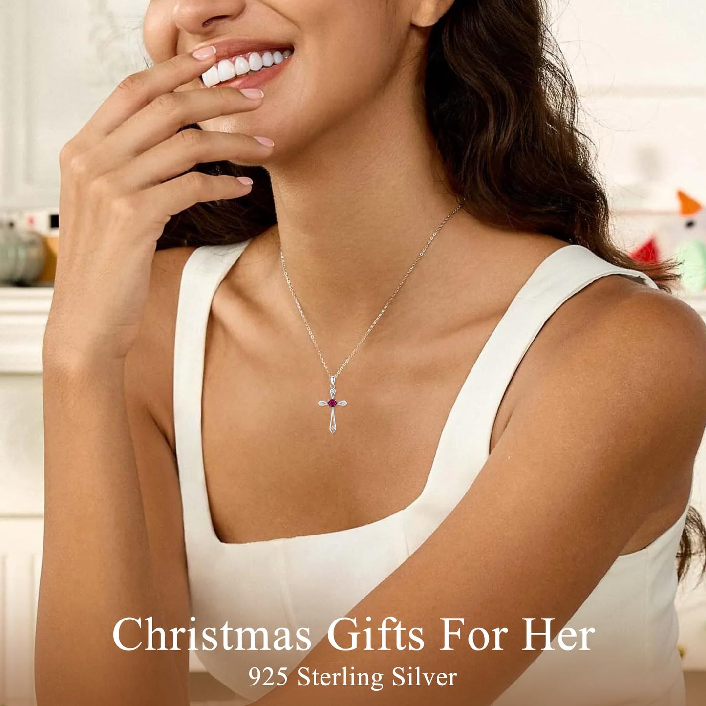 QUALISE Cross Necklace for Women,925 Sterling Silver July Birthstone Necklace Cross Pendant 5A CZ 12 Birth Months Birthstone Fine Ruby Jewelry Birthday Gifts for Her Wife Mom