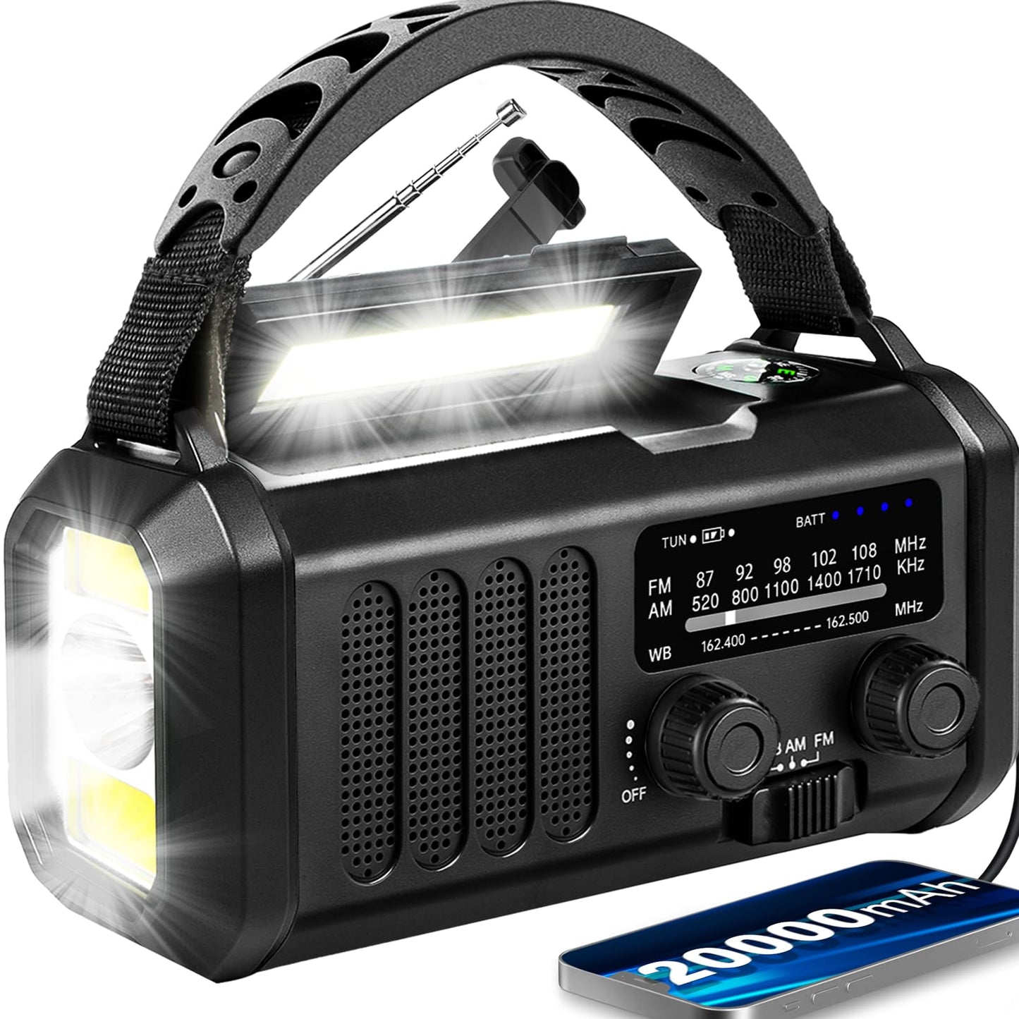 Emergency Weather Radio 20000mAh NOAA/AM/FM with 74000mWh USB/Solar/Hand Crank Charging, Battery Operated, SOS Alarm & Flashlight for Indoor/Outdoor Emergencies (Black)