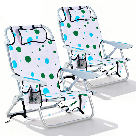 Canpsky 2 Pack Lightweight Portable Camping Beach Chair for Adults, Lay Flat Folding Beach Chairs with 5 Positions, Backpack Beach Chair with Towel Bar, Zipper Pouch, Cup Holder, Geometric Circle