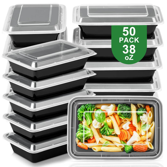 NUTTUTO 50 Pack Meal Prep Containers with Lids 38oz - BPA-Free, Reusable, Leakproof Food Storage Containers - Microwave/Dishwasher/Freezer Safe, To Go Take Out Plastic Food Storage Pans(Black)