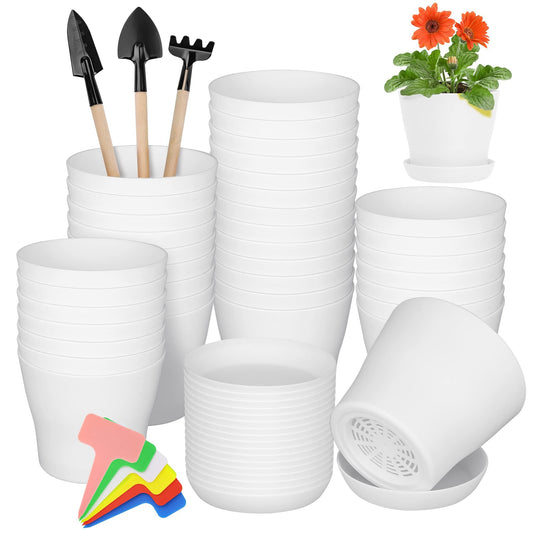 Hahood 36 Pack Plants Nursery Pots 4 Inches Plastic Flower Plant Pots Thickened Seedlings Nursery Pots with Tray White Flower Pots Gardening Plant Containers for Outdoor Indoor