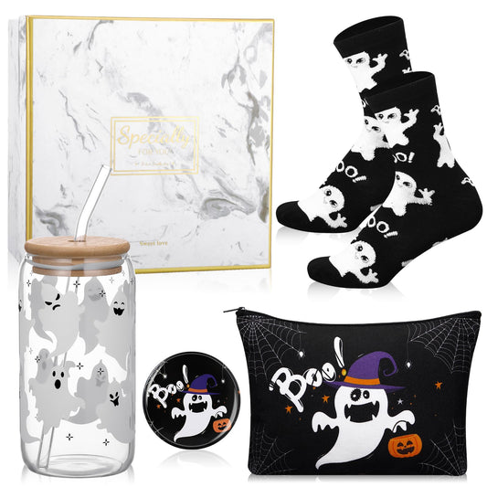 Kacctyen 5 Pcs Boo Basket Gift for Women Spooky Ghost Gift 16 oz Ghost Glass Cups with Lid Straw Spooky Cosmetic Makeup Bag Pocket Mirror Sock Boo Basket Stuffers for Her Sister Friend