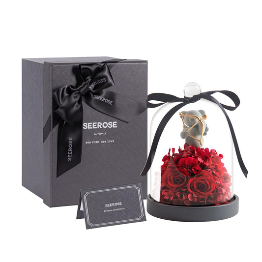 SEEROSE Preserved Roses in Glass with Cupid Rose Bear, Real Forever Rose with Elegant Gift Box, Cute Valentine's Day, Anniversary, Birthday Gift for Her Wife Girlfriend Mom (Cupid Bear, Red)