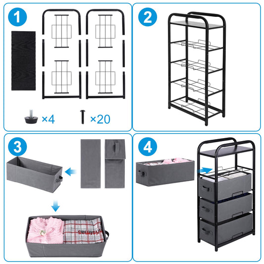 MAX Houser 4 Drawer Narrow Dresser Fabric Storage Tower Vertical Slim Storage Chest Organizer Nightstand Side/End Table Small Standing Organizer Removable Drawers Wood Top for Bedroom, Bathroom（Grey