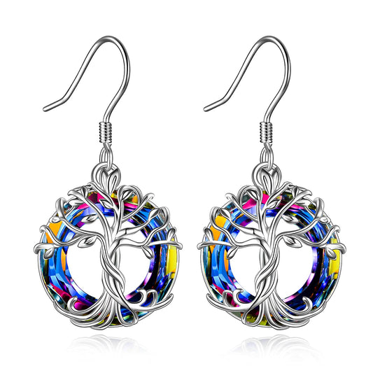 TOUPOP Tree of Life Earrings for Women Sterling Silver Family Tree Drop Dangle Earrings Volcano Circle Crystal Jewelry Birthday Mothers Day Gifts for Women Mom Her