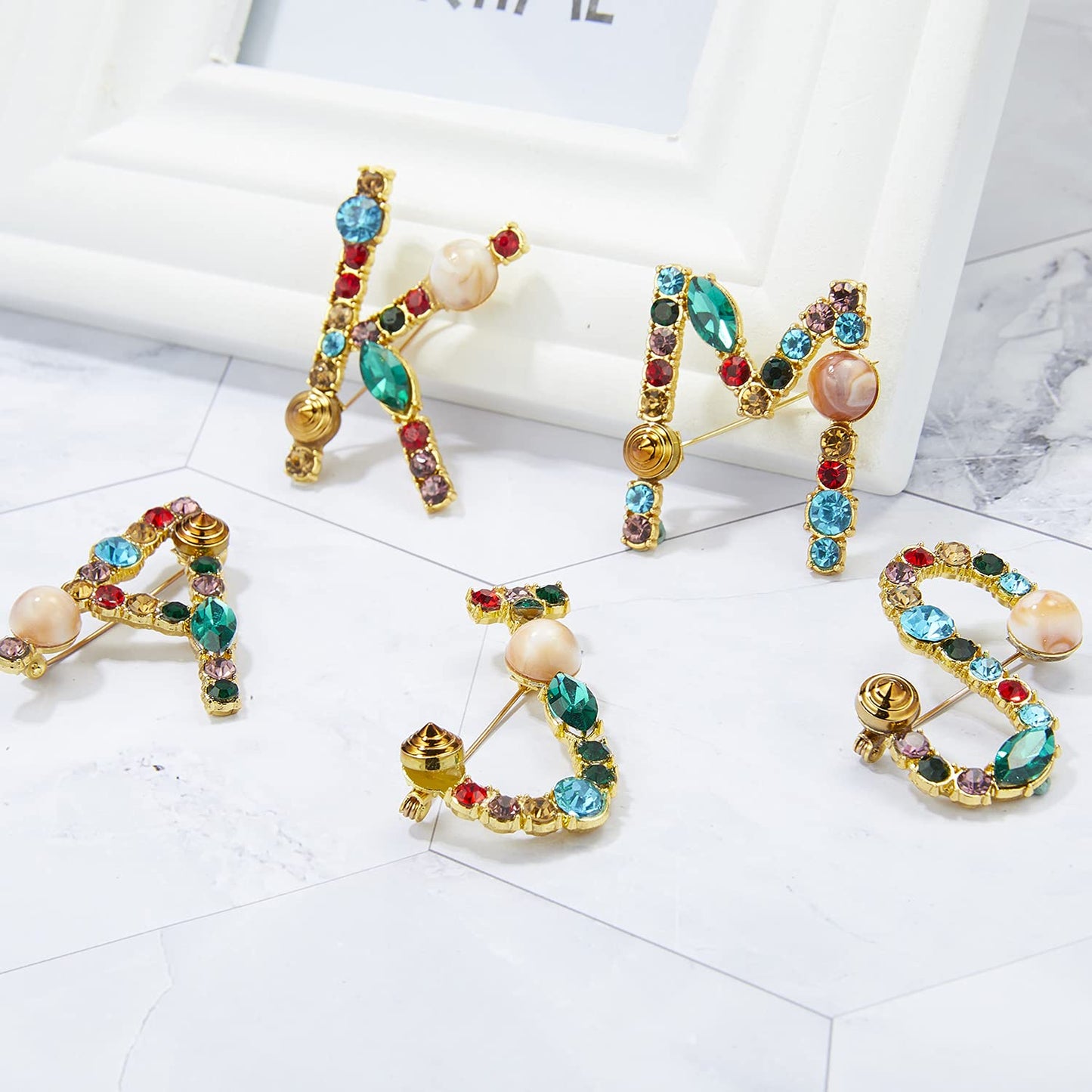 RINHOO Crystal Pearl Initial Brooch Gold Plated Enamel Colorful Letter Alphabet Breastpin Pin Jewelry for GIFTS (Gold I)