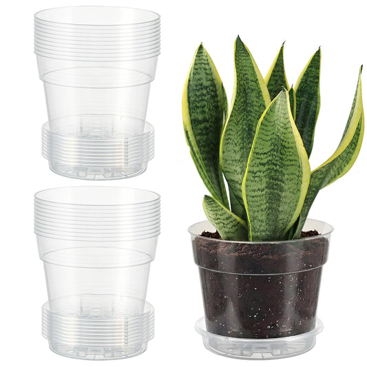 Garvee 20 Pack 6 Inch Clear Nursery Pots with Drainage Trays, Thickened Plastic Plant Pots with Saucer, Transparent Plastic Plant Pot Seeding Start Planters for Indoor Outdoor