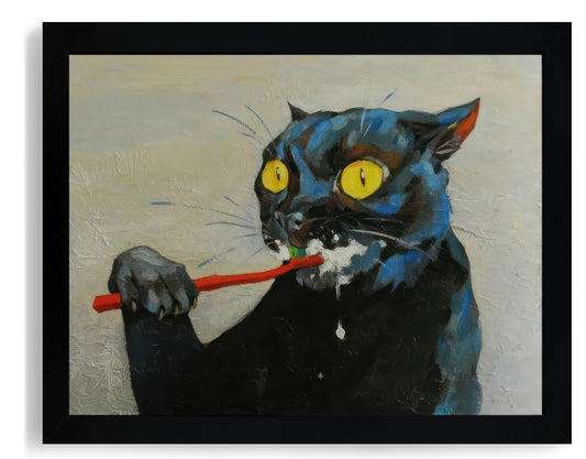 ICHZUMW Funny Black Cat Bathroom Wall Art Decor, Quirky Framed Canvas Print Painting of Cat Brushing Teeth, Humorous Animal Pictures Wall Decoration, Modern Home Artwork, Restroom Powder Room, 8x10in