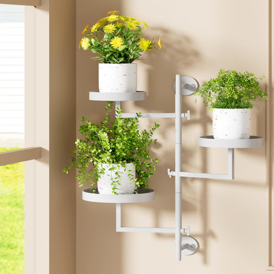 Gaoymsym Wall Mount Plant Holder Outdoor Rotating Window Plants Shelves Metal Wall Plant Stand 3 Tier Wall Planters for Indoor Plants, for Outdoor, White