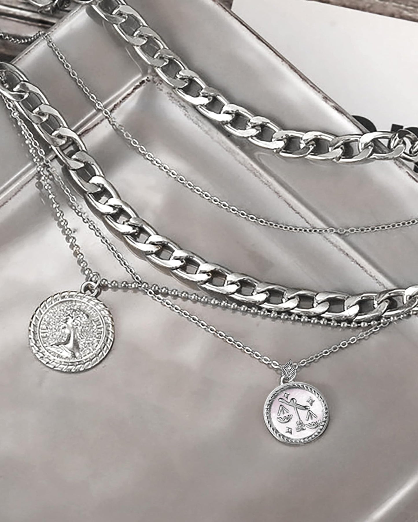 MJartoria Gold Layered Necklaces for Women Trendy Retro Coin Pendant Necklace Dainty Chunky Chain Choker Necklaces for Jewelry Birthday Gifts (Silver, Zodiac-Libra-3PCS Layered)