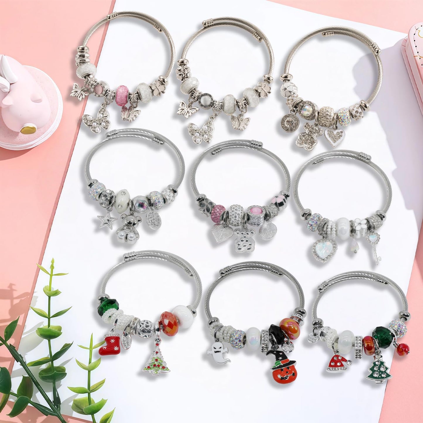 IUULOB Silver Women Bracelets - Adjustable Charm Bracelets for Women Birthday Gifts Favors Titanium Steel Bracelet Bundle Jewelry Kit (F: Love - Key)