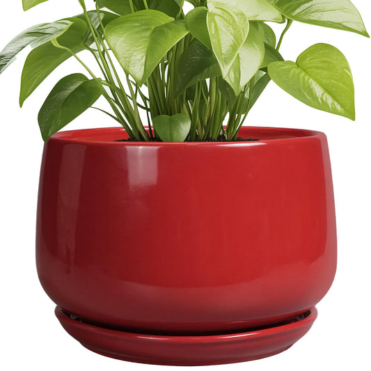G EPGardening Ceramic Plant Pots - 9 Inch Flower pots for Indoor Outdoor Plant, Round Planter with Drainage and Saucer, Modern Home Decor, Gift for Women Men, Red