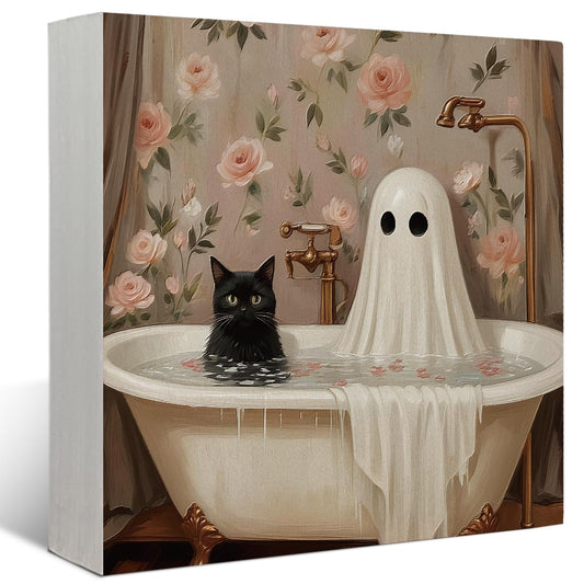 Mtrgdn Cute Halloween Decor,Halloween Decorations Indoor,Ghost with Black Cat Bathroom Decor Wooden Box Sign,Halloween Home Office Kitchen Bathroom Bedroom Desk Table Shelf Wall Decorations,5x5 Inch