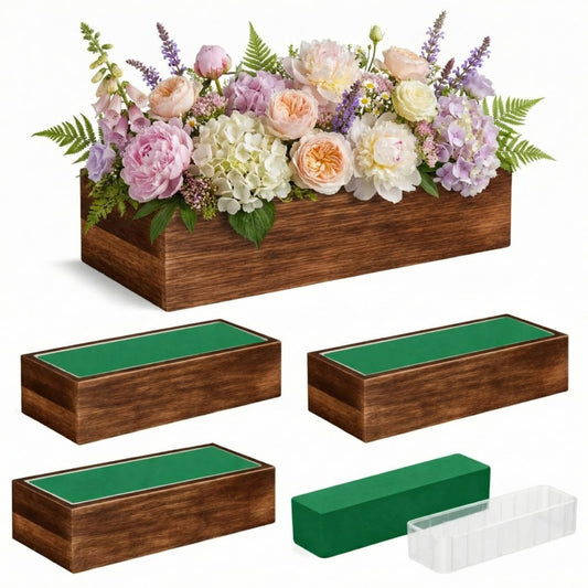 Dandat 4 Set Wood Boxes for Centerpieces 12x4 Inch Rectangle Wooden Planter Box Rustic Wood Planter with Removable Plastic Liner Floral Foam Blocks for Centerpieces Home Wedding Garden Decor