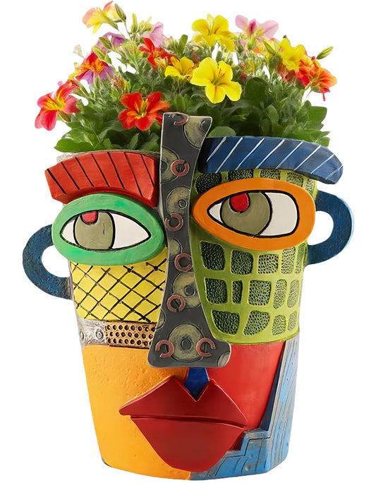 Yhupl Picasso Abstract Face Flower Pot,Unique Resin Crafted Planter with Drainage Holes,Interesting Colorful Planter with Human face,for Indoor and Outdoor Botanical Home décor (Modern)