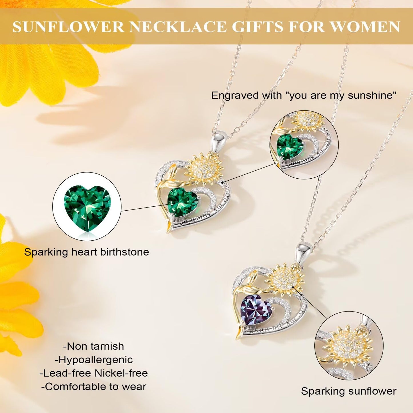 Iefil Sunflower Gifts for Women, Sunflower Necklace, Anniversary Birthday Gifts for Wife, June Lab-Created Alexandrite Necklace, Jewelry for Women Wife Mom