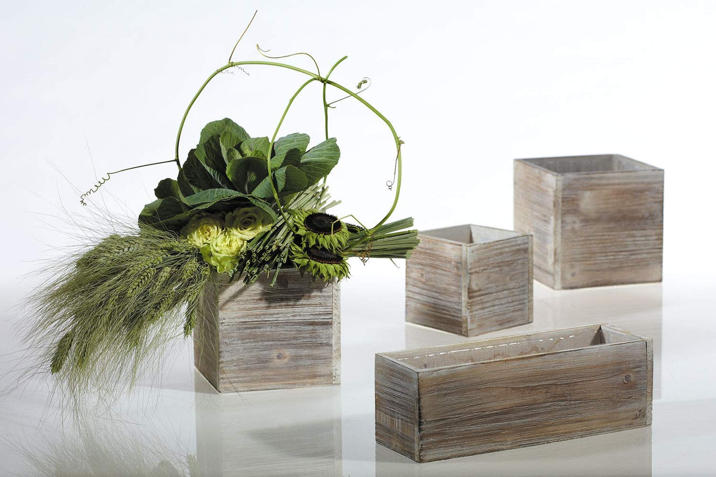 Wood Planter Box Set, Rustic Whitewash, Plastic Liners, 5 Inch Square Flower Holder, Natural Barn Wood Decor, Country Style, Home and Wedding Decorations, Garden Ornaments, (Beige Brown) (Set of 4)