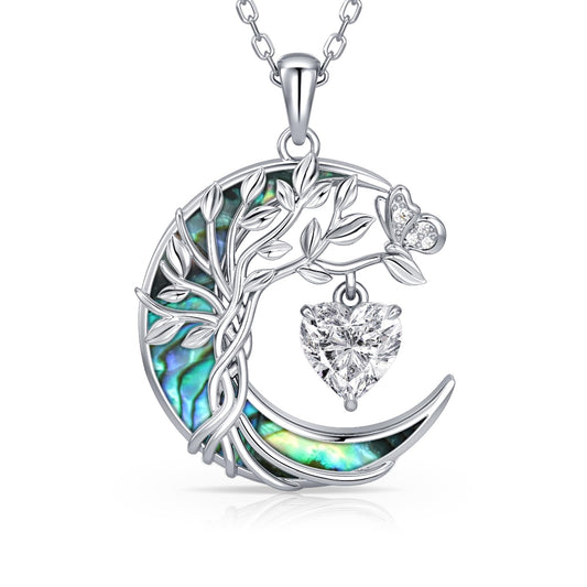 Distance Tree of Life Birthstone Necklace for Women, S925 Sterling Silver Premium Abalone Shell Moon Pendant April Heart Birthstone Necklace, White Jewelry Christmas Birthday Gifts for Her Mom Wife