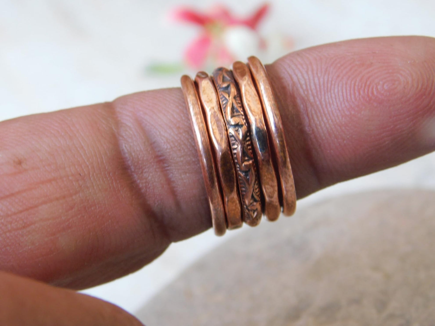 Set of 5 Hand Pure Copper Rings. Made with 100% Pure Raw Untreated Copper. Helps Reduce Finger Joint Pain and Swelling. Tibetan Healing Medicine Ring Set. (US-9.5)