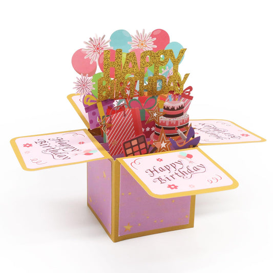 Fushing 3D Pop Up Birthday Card - Sweet Birthday Box Greeting Card Box with Blank Message Card & Envelope, Unique Handmade Scrapbook for Wife, Women, Men, Kids, Daughter, Son, Mom, Dad, Friend (Pink)