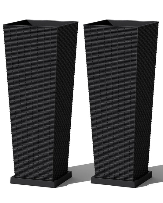 Greesum Set of 2 Tall Plastic Planters with Saucer, 32 Inch Large Pots with Drainage Trays, Weather-Resistant Plastic Plant Containers for Patio, Porch, Garden,Black