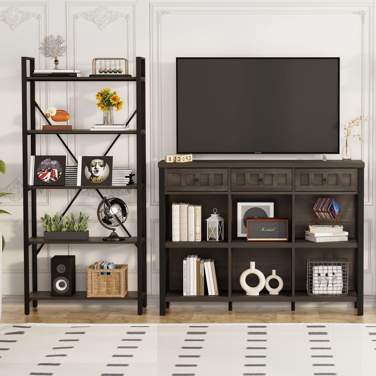 FATORRI Rustic 6 Cube Storage Organizer Bookshelf with 3 Drawers, Short Low Horizontal Bookshelf for Living Room, Industrial Wood and Metal Cubby Bookcase for Home Office (Walnut Brown, 47 Inch)