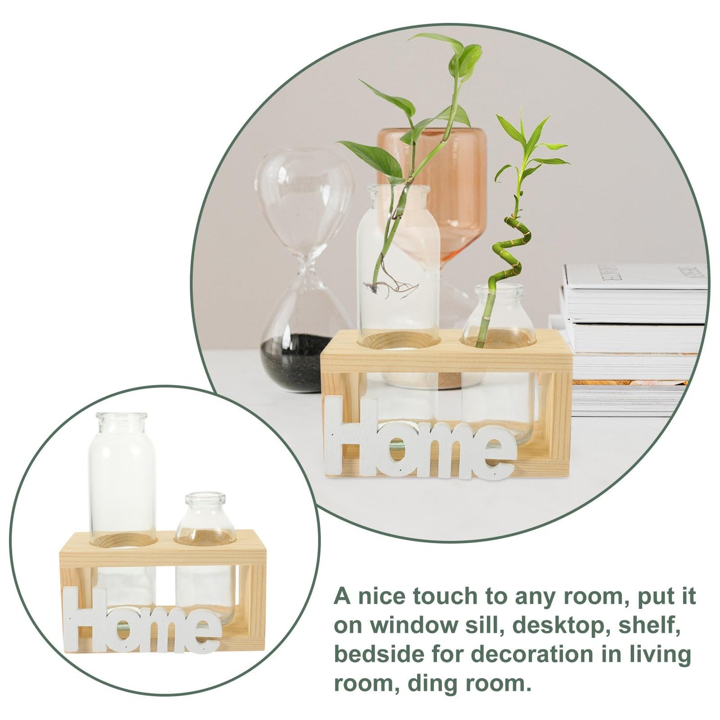 Balacoo Glass Hydroponic Vase Set with Wooden Stand, 2pcs Indoor Terrarium Planter for Living Plants, Decorative Tabletop Home Décor for Hydroponics and Plant Propagation