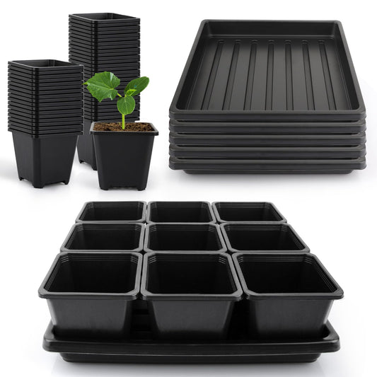 Mlhezy 50Pcs 3.5inch Square Nursery Pots with 5Pcs Seed Starting Trays, Seed Starter Tray Kit, Seeds Starting Germination, Seeding Pots with Drain Holes, Small Plant Nursery Propagation