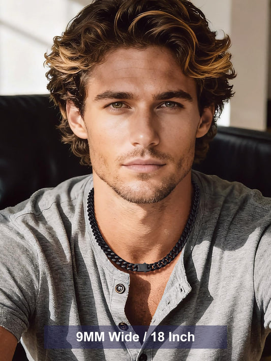 Bandmax 9MM Chunky Choker Necklace for Men Black Miami Link Chain Cuban Chains Mens Necklace Chain 18 Inch Gift for Husband Son Father