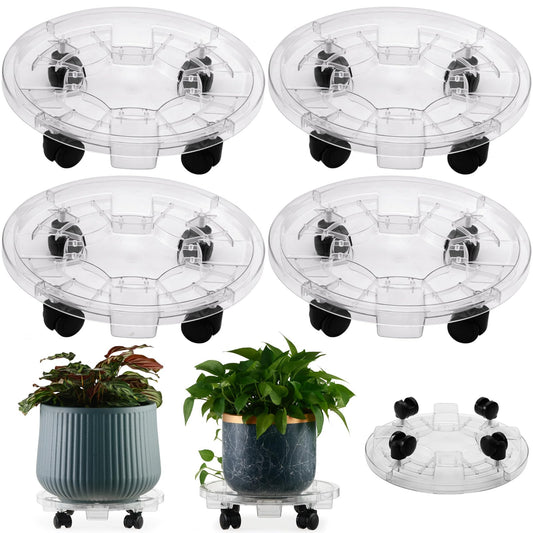 KvyusFlourish 4 Packs 16 Inches Extra-large Clear Plant Caddy Plant Saucers on Wheels Rolling Plant Stands Heavy-duty Plant Dolly Plastic Planter Roller Base Pot Movers Outdoor Plant Tray Coaster