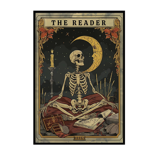 Tarot card wall art Skeleton Reader Tarot Picture Decor Library Reading Room School Decor Book Lover Witchy Gothic Halloween Canvas Paintings Gifts for Readers Book Lovers Gifts 16x24inch Unframed