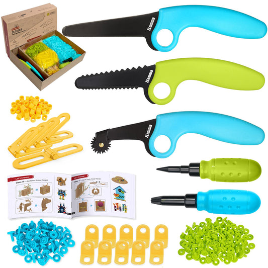 ZLemma Cardboard Construction Kit - 401 PCS Kids Building Set with Safe Serrated Cutter, Crease Roller, Screws & Nuts, STEM Upcycled Tool for DIY Cardboard Projects, Engineering & Creativity