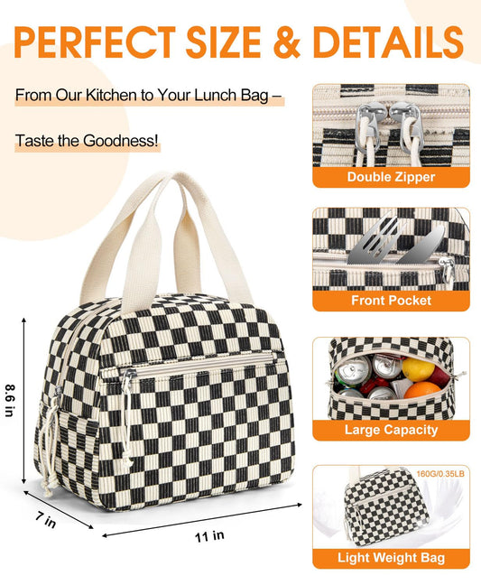 MIAOJIE Corduroy Lunch Bag for Women - Insulated Lunch Box for Adults, Cute Reusable Tote Bag Large Capacity Cooler Bag for Work, Daily Commute and Outdoor Picnic- L&Corduroy Black Checkered Pattern