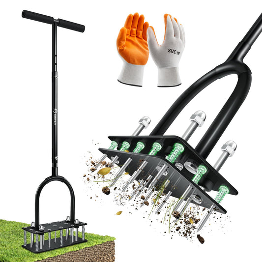 Saker Manual Lawn Aerator Tool with 15 Iron Spikes Adjustable Height, Double-Layer Spring, Heavy-Duty Iron Lawn Aerator Tool with Gloves for Loosening Soil Aerating Patio, Yard, Garden Black
