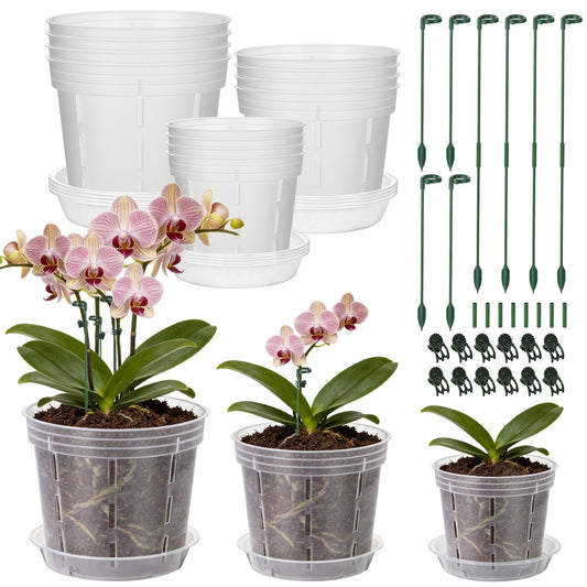 LUCKJUJU 12 Sets Orchid Pot with Holes, 4, 5, 6 Inch Clear Plastic Plant Pot with Saucers, Plant Stakes, Clips, Orchid Pots with Drainage for Repotting for Indoor Outdoor Plants